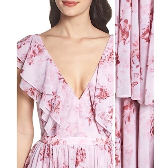 FAME AND PARTNERS Delaney Pink Floral Ruffled Tiered Chiffon Midi Dress - Picture 2 of 12